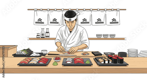A sushi chef prepares food at a counter with various dishes and ingredients in a traditional restaurant setting.