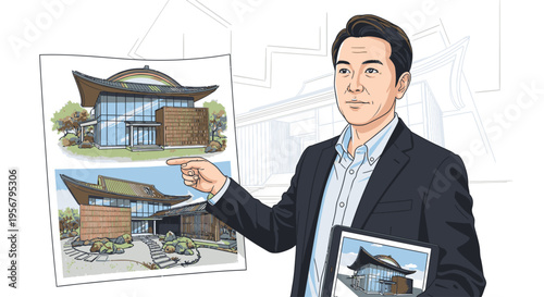 A man in a suit presents architectural blueprints with a building model against a clean white background with a professional mood.