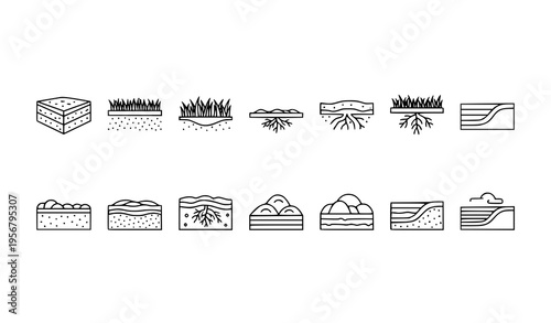 Minimal soil ground vector icons with land layers roots and terrain profiles for UI and infographic design