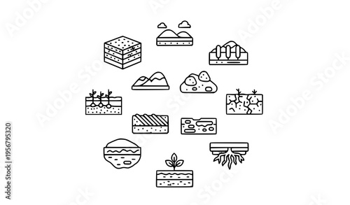 Soil ground outline icons in circular layout with earth layers farmland roots and natural terrain elements