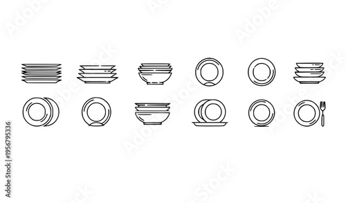 Minimal plate vector icons with dishware serving trays and kitchen dining symbols for UI design