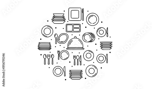 Plate outline icons in circular layout with dishware serving plates and kitchen tableware elements