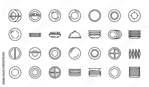 Plate outline icon set with dinner dessert serving and dishware elements for kitchen and restaurant design