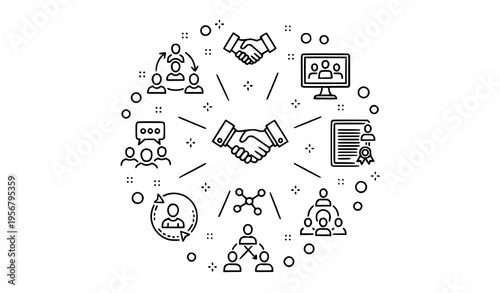 Business cooperation outline icons in circular layout with teamwork partnership networking and corporate collaboration elements