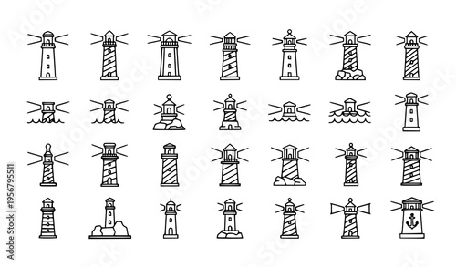 Lighthouse outline icon set with coastal towers sea waves and navigation light symbols for web design
