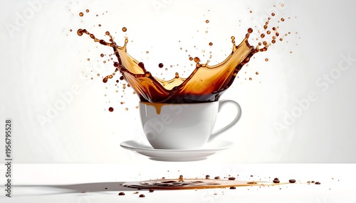 Dynamic liquid motion of dark coffee splashing upward from a minimalist white mug against a neutral backdrop.