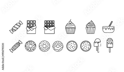 Minimal confectionery vector icons with candy chocolate cupcake donut and dessert symbols for UI design