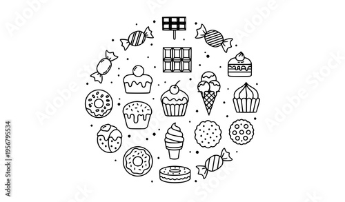 Confectionery outline icons in circular layout with candy chocolate donut cupcake and dessert elements