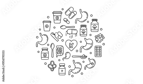 Probiotics outline icons in circular layout with bacteria yogurt gut health and nutrition elements