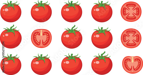 Vector set of ripe red tomatoes and sliced tomato halves, fresh organic vegetable collection isolated on light background for healthy food design and packaging