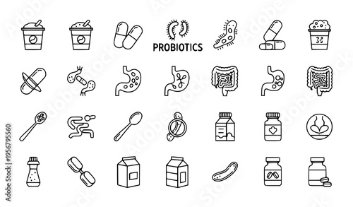 Probiotics outline icon set with bacteria yogurt capsules and digestive health symbols for web design