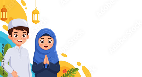 Happy Muslim Children Wearing Traditional Clothes, Celebrating Ramadan or Eid with Lanterns and Festive Background