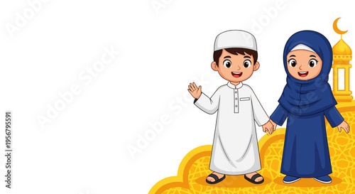 Cute Muslim boy and girl holding hands, wearing traditional clothes, with mosque in background, Islamic culture celebration