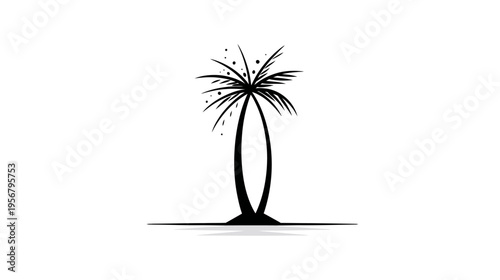 Stylized black and white image of a palm tree with a long, twin trunk on white background