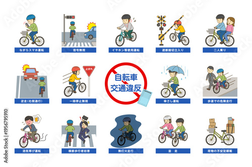 自転車交通違反イラストセット 青切符対応 交通ルール解説素材