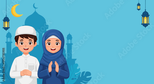 Happy Muslim children in traditional Islamic clothing celebrating Eid al-Fitr or Ramadan with mosque and crescent moon background