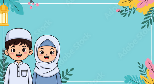 Happy cartoon Muslim children, a boy in kufi and a girl in hijab, smiling on a festive blue background with Islamic decorations, ideal for Ramadan and Eid.