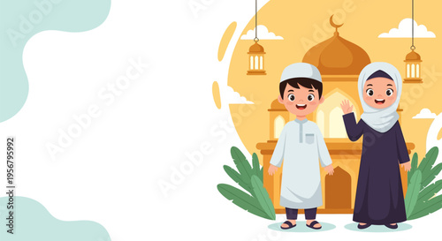 Cute Muslim children illustration greeting with mosque background, perfect for Eid al-Fitr, Ramadan, Islamic holidays, and cultural celebrations.