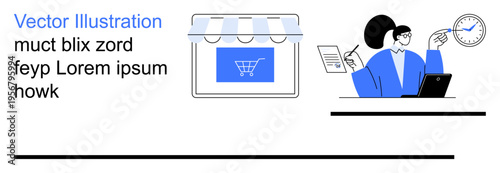 Online shopping, entrepreneurship, time management, business operations, digital marketing, retail. Woman managing tasks, laptop and documents alongside a storefront icon. E-commerce and time