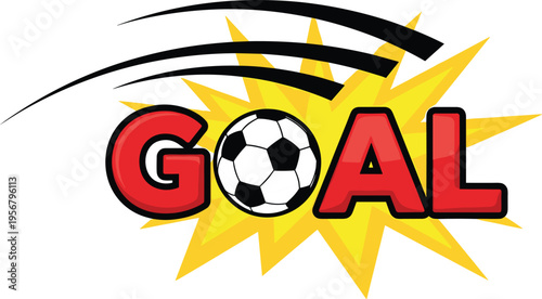 Soccer goal text design, ball replacing letter, dynamic starburst background, sports celebration vector, football scoring excitement illustration, athletic achievement icon, cartoon style