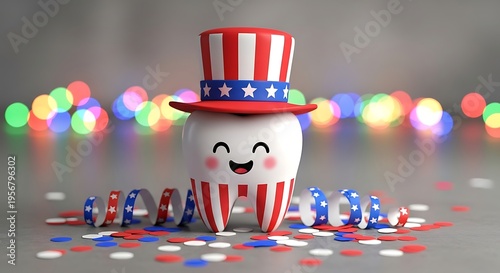 A cute cartoon tooth wearing a patriotic top hat for an american independence day celebration