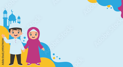 Happy Muslim children holding hands, smiling, with mosque silhouettes and abstract shapes on a light blue background, representing Islamic culture and community.