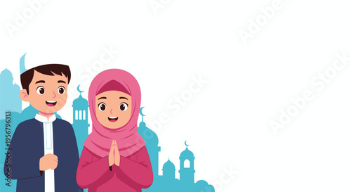 Happy smiling cartoon Muslim boy and girl in traditional attire greeting, with mosque silhouettes in the background, perfect for Islamic celebrations like Eid.