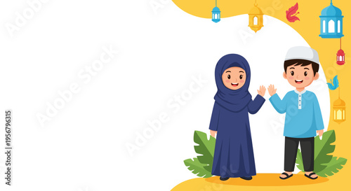 Happy Muslim children cartoon illustration. Cute boy and girl in traditional Islamic clothes waving, celebrating Ramadan or Eid al-Fitr with copy space.