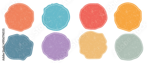 Labels set of 8 organic shapes with grunge texture. Horizontal format, minimalist retro style. Design elements for banners, price tags, tags, and social media decoration. Round.
