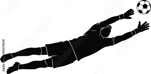 Soccer goalkeeper diving save, athletic sports silhouette, catching ball action, dynamic football defense illustration, professional goalie vector, competitive match reflexes, sports achievement icon