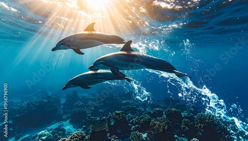 Dolphins swimming in the ocean with sun rays shining through the water.