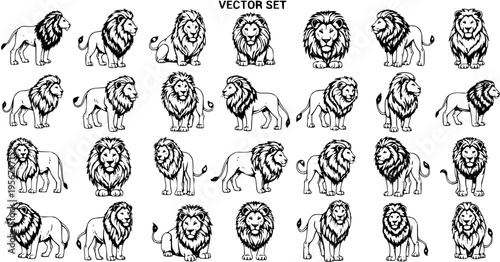 Black and White Lion Vector Set: Collection of Majestic Big Cat Illustrations in Various Poses and Styles