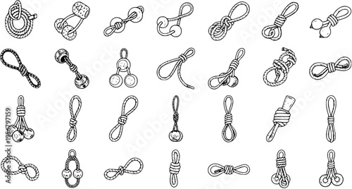 Diverse collection of hand-drawn rope knots and nautical accessories, vector illustrations