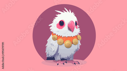 A stylized cartoon bird, white with pink accents, sporting a necklace of gold coins, on a pink background