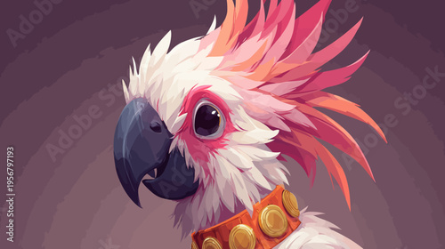 Pixelated artwork of a parrot with a white body, pink crest, dark beak, and a red collar