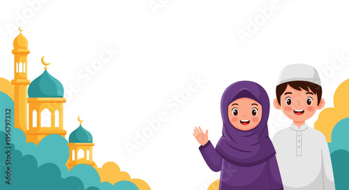 Happy Muslim children wearing traditional clothes waving hands in front of a mosque, celebrating Islamic culture and traditions.
