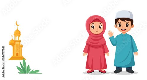 Happy Muslim Children in Traditional Clothing with Mosque and Greenery, Ramadan Kareem Celebration