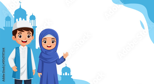 Happy Muslim Kids in Traditional Islamic Clothing with Mosque Silhouette Background, Celebrating Culture and Faith