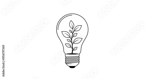Eco-friendly lightbulb with growing plant inside, representing green energy, sustainability, innovation, and nature-inspired ideas. Line art.
