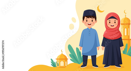 Happy Muslim Children Wearing Traditional Clothes with Islamic Architecture Background, Celebrating Eid or Ramadan