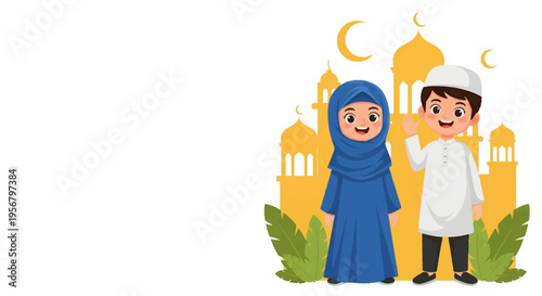 Happy Muslim Children in Traditional Islamic Clothing with Mosques and Crescent Moon Background
