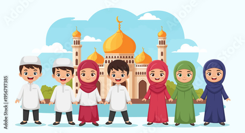Diverse group of Muslim children holding hands in front of a mosque, representing unity and cultural diversity
