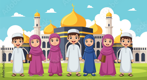 Diverse Muslim Children in Traditional Attire Stand Together in Front of a Grand Mosque and Kaaba, Symbolizing Faith and Community