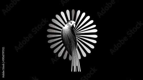 A stylized bird, facing left, with detailed feathers, positioned in front of a sunburst background