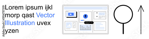 Data analysis, business reports, growth tracking, digital tools, search optimization, graphical interface. Dashboard charts, graphs and magnifying glass with upward arrow. Data analysis and business