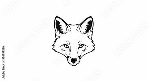 Black and white minimalist vector illustration of a fox head. Detailed graphic drawing of a wild animal, clean design.