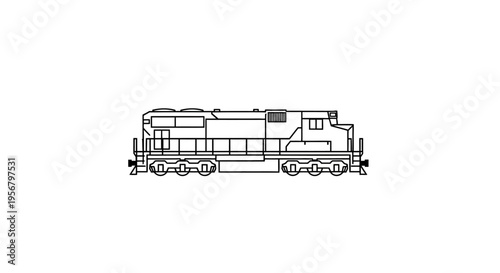 Side view line art illustration of a powerful diesel locomotive train engine. Classic heavy freight railroad transportation outline vector graphic.