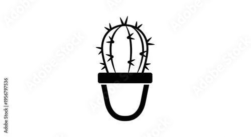 Black and white minimalist potted cactus icon illustration. Simple succulent houseplant graphic design element on white background.