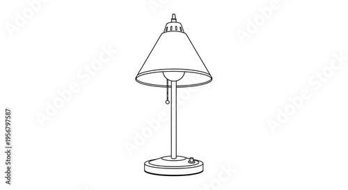 Vintage style desk lamp line art illustration, black and white outline drawing of a traditional table light fixture on white background
