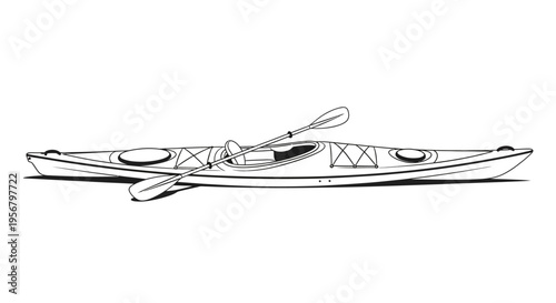 Line art drawing of a solo recreational kayak with paddle. Water sport equipment for outdoor adventure and leisure activity.
